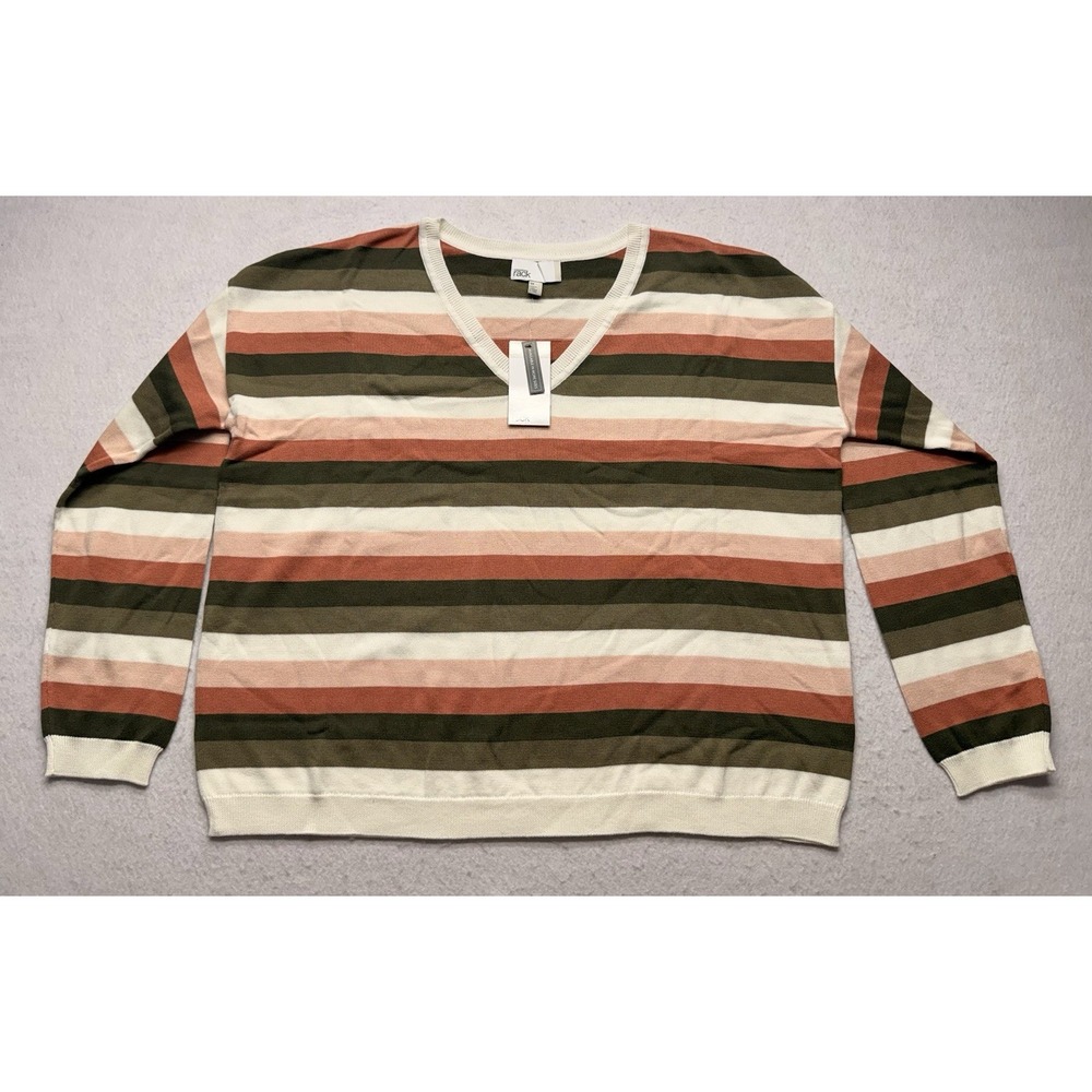 Nordstrom Rack Mixed Stripe V-Neck Pullover Sweater 1X NWT Earth Tone